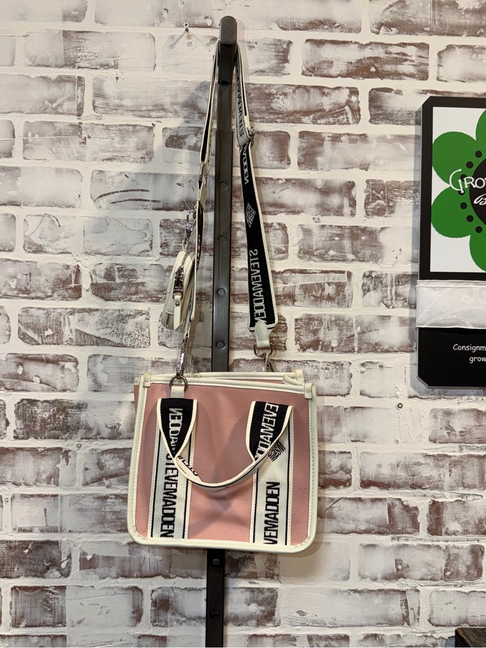 Steve Madden Pink and White Logo Strap Crossbody Tote